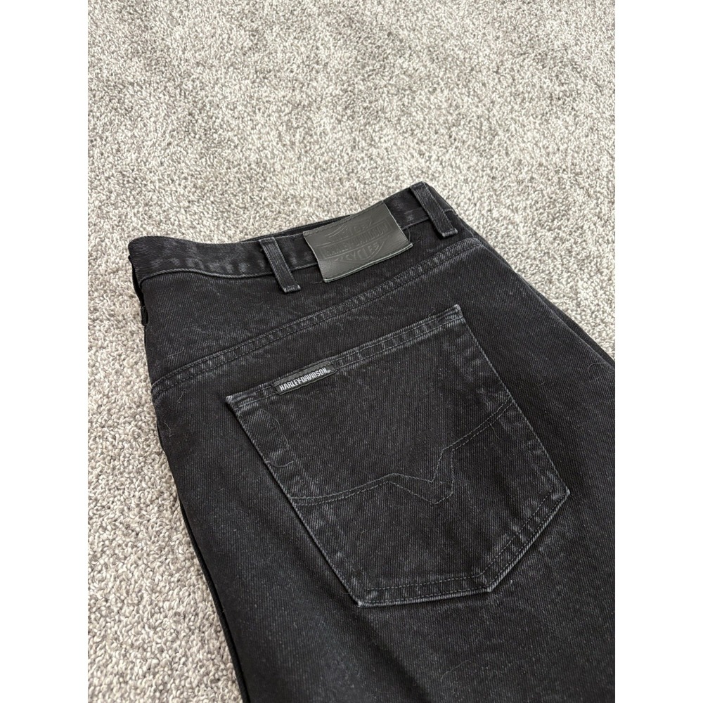 Harley Davidson Mens Black Denim Jeans Straight Leg 44x30 Embroidered Logo